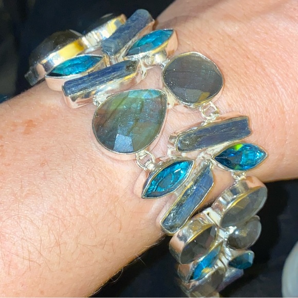 Magestic Blue Fiery Labradorite + Kyanite + Blue Topaz multi-gem cuff bracelet